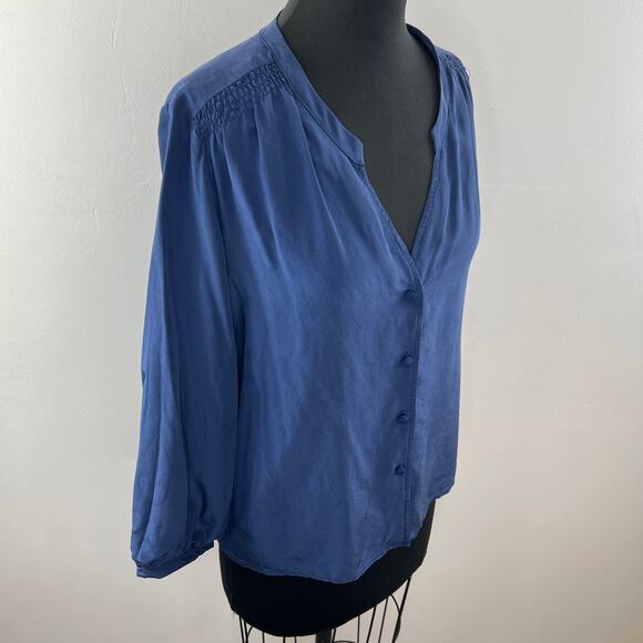 Amanda Uprichard Blue L Top Silk Notch Neck Button Front Long Sleeve Regular Fit - Picture 4 of 7